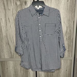 Tommy Hilfiger Shirt Check 1/2 Button Down Roll Tab Sleeve Navy White L